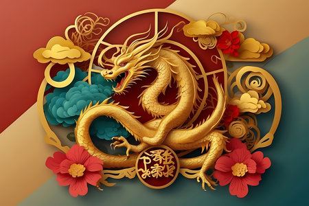 Chinese new year of the dragon, red paper cut dragon character,flower and asian elements with craft style on background.の素材