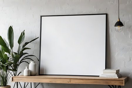 Mock up poster frame on wooden shelf in modern living room interior with plant and lamp.の素材