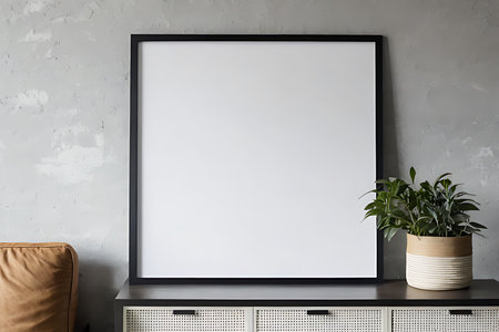 Mock up poster frame in modern living room interior background, 3d renderの素材
