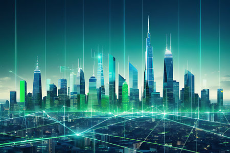 Double exposure of business city and network connection concept on blue background.の素材