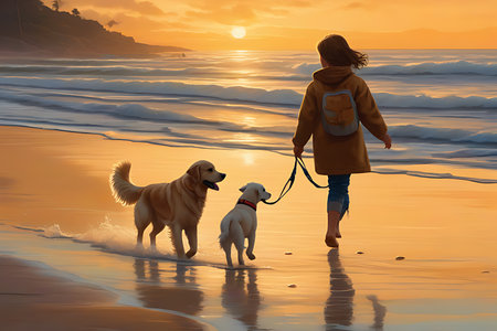 Woman walking with her dog on the beach at sunset. 3D renderingの素材
