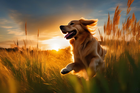 Golden Retriever running on the field at sunset. Concept of freedom and happy life.の素材