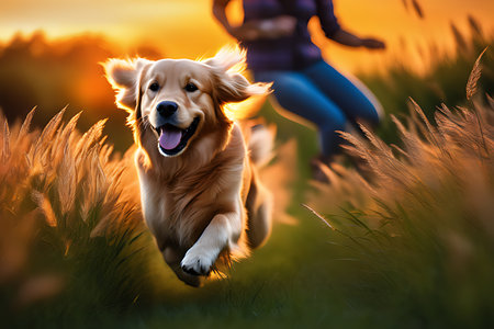 Golden Retriever running in the field at sunset with woman in backgroundの素材