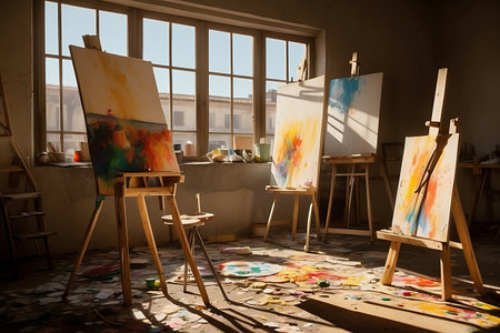 Painting in a small studio with a large window in the backgroundの素材