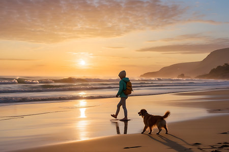 Young woman walking with her dog on the beach at sunset in Australiaの素材