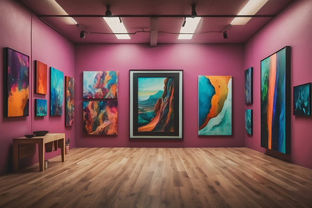 Modern art gallery interior with paintings on wall. 3D Renderingの素材