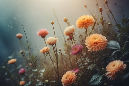 Colorful dahlia flowers in the meadow, vintage toneの素材