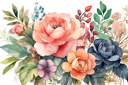 Watercolor bouquet with roses and succulents. Vector illustration.の素材
