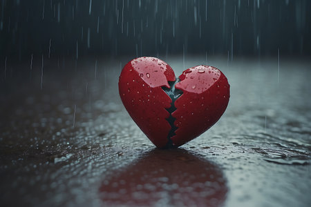 Broken red heart with rain drops on dark background. Love conceptの素材