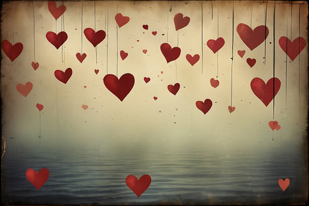 valentine's day background with red hearts on old paper textureの素材