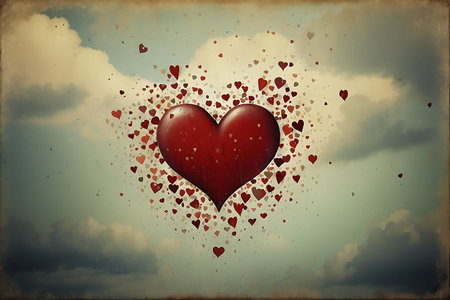 Valentine's day background with red heart on cloudy sky.の素材