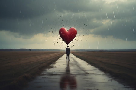 Valentine's day concept with lonely man standing on road in rainの素材