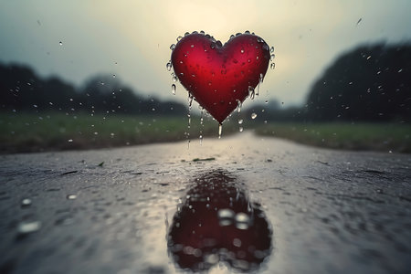 Red heart on the wet road with rain drops. Love concept.の素材