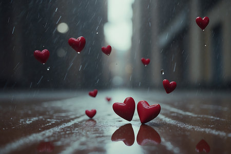 Red hearts in the rain. Valentine's day concept. 3D Renderingの素材