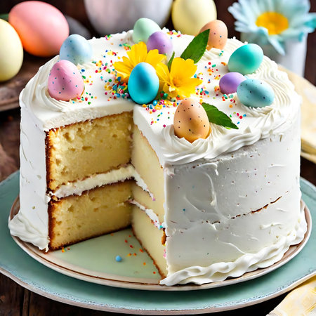 Easter cake with eggs and flowers on a wooden background. tinting. selective focusの素材
