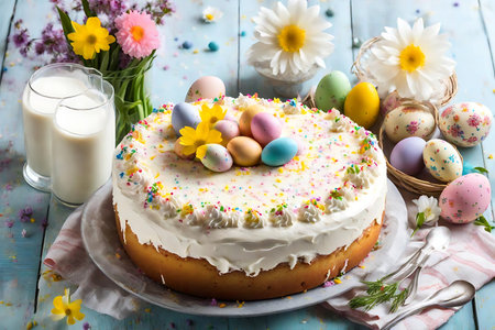 Easter cake with colorful eggs and flowers on a blue wooden backgroundの素材