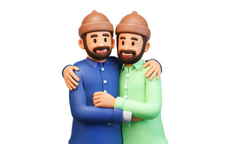 3d illustration of two men in turquoise clothes hugging each other, isolated on white backgroundの素材