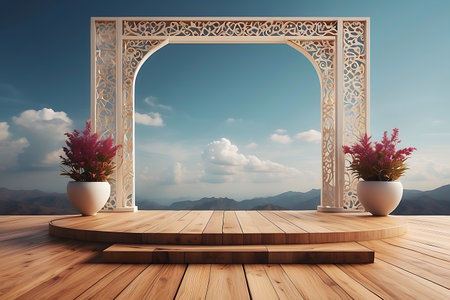 Wooden table with flower vase on the terrace. 3D renderingの素材