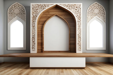 3d render of islamic interior with wooden shelf and windowの素材