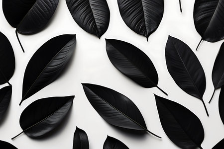 Black leaves pattern on white background. Flat lay, top view.の素材