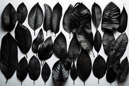Black leaves on a white background. Flat lay, top view.の素材