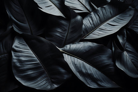 Tropical black leaves background. Dark tone. Copy space.の素材