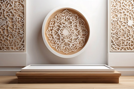 3d render of islamic pattern on the wooden table.の素材