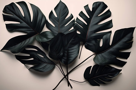 Tropical black monstera leaves on a beige background.の素材