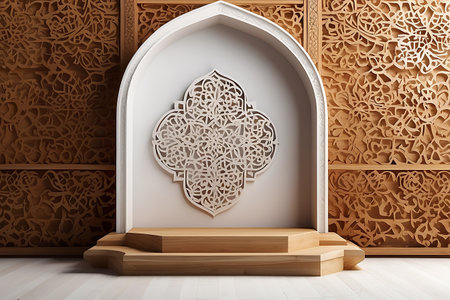 3d render of islamic arabic interior with wooden podium and decorationの素材