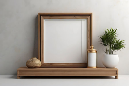 Mockup blank frame on the shelf, 3d render illustrationの素材