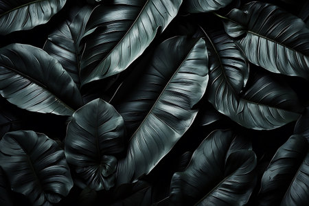 Tropical black monstera leaves on dark background, top viewの素材