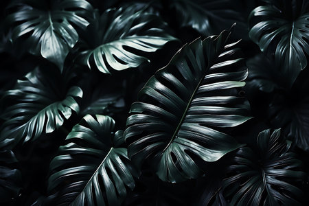Tropical leaves background, Dark tone of Monstera leaf.の素材
