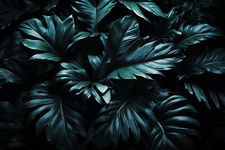 Tropical leaves background. Dark green Monstera leaves texture.の素材