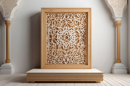 3d render of wooden frame with arabic pattern in interiorの素材