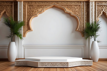 3d render of white marble podium with Islamic pattern on the wall.の素材