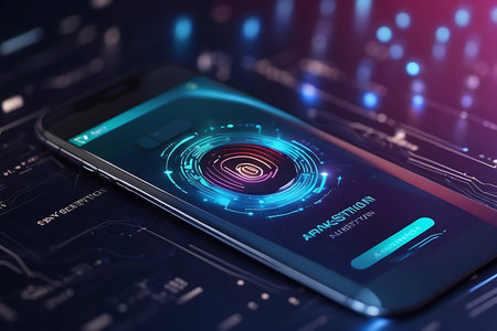 Smartphone with fingerprint scanner on screen. Cyber security concept. 3D Renderingの素材