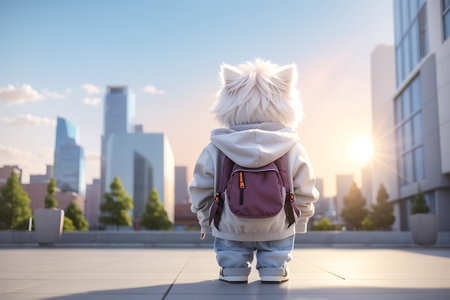 Back view of a little boy with a backpack in the city.の素材