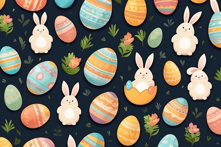 Seamless pattern with cute Easter bunnies and eggs.の素材