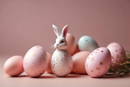 Easter eggs and rabbit on pink background. Happy Easter concept.の素材