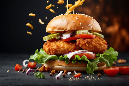 Hamburger with chicken nuggets and vegetables on a black backgroundの素材
