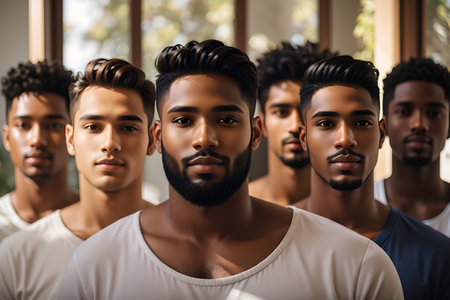Portrait of a group of young men standing in a row.の素材