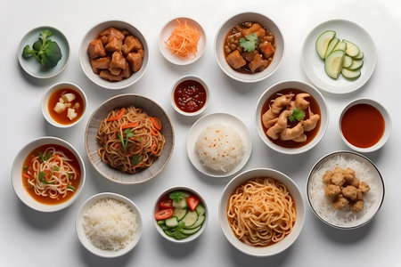 Top view of various Asian food in porcelain bowls on white backgroundの素材