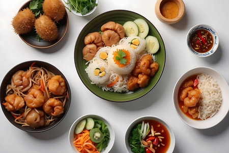 Bowls with tasty Chinese food on white background, top viewの素材