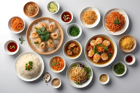 Different kinds of Asian food in bowls on white background, top viewの素材
