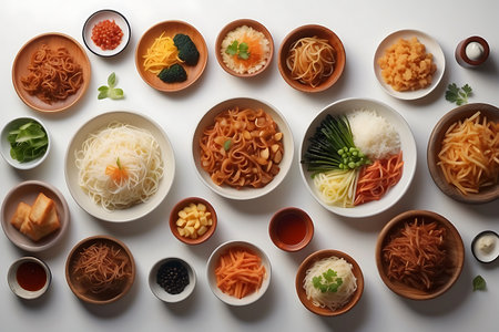 Top view of various types of Japanese noodles in bowls on white backgroundの素材