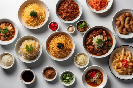 Top view of different types of Chinese noodles in bowls on white backgroundの素材