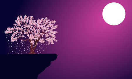 Cherry blossom tree on cliff with full moon background vector illustrationのイラスト素材