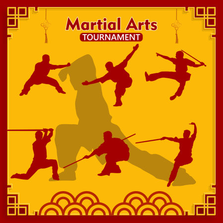 Vector illustration of a silhouette of a man practicing martial arts on a yellow background.のイラスト素材