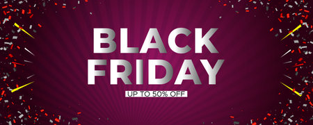 Black Friday sale banner with confetti on red background. Vector illustration.のイラスト素材