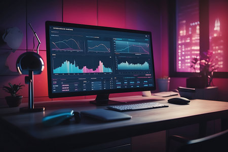 Modern workplace with computer and mouse, stock market, stock exchange trading conceptの素材